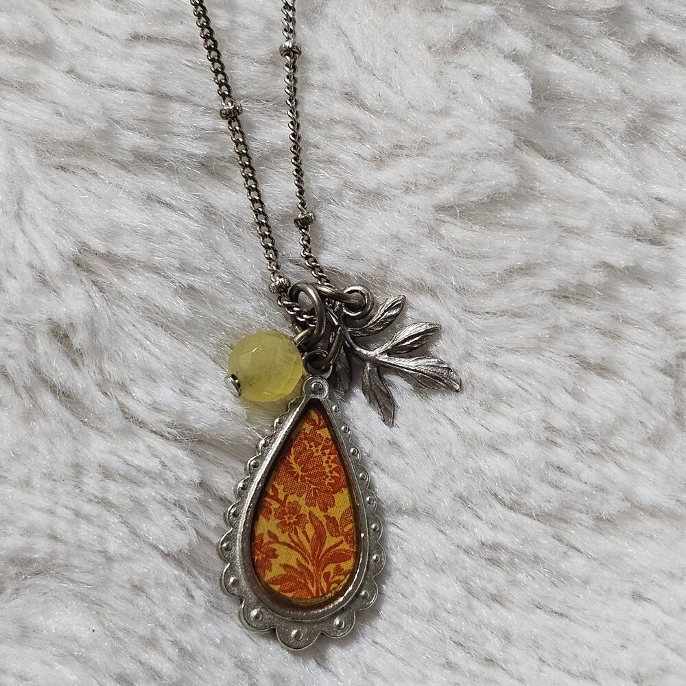 Baked Beads Vine Silver Tone Cluster Charm Necklace Floral Orange Yellow